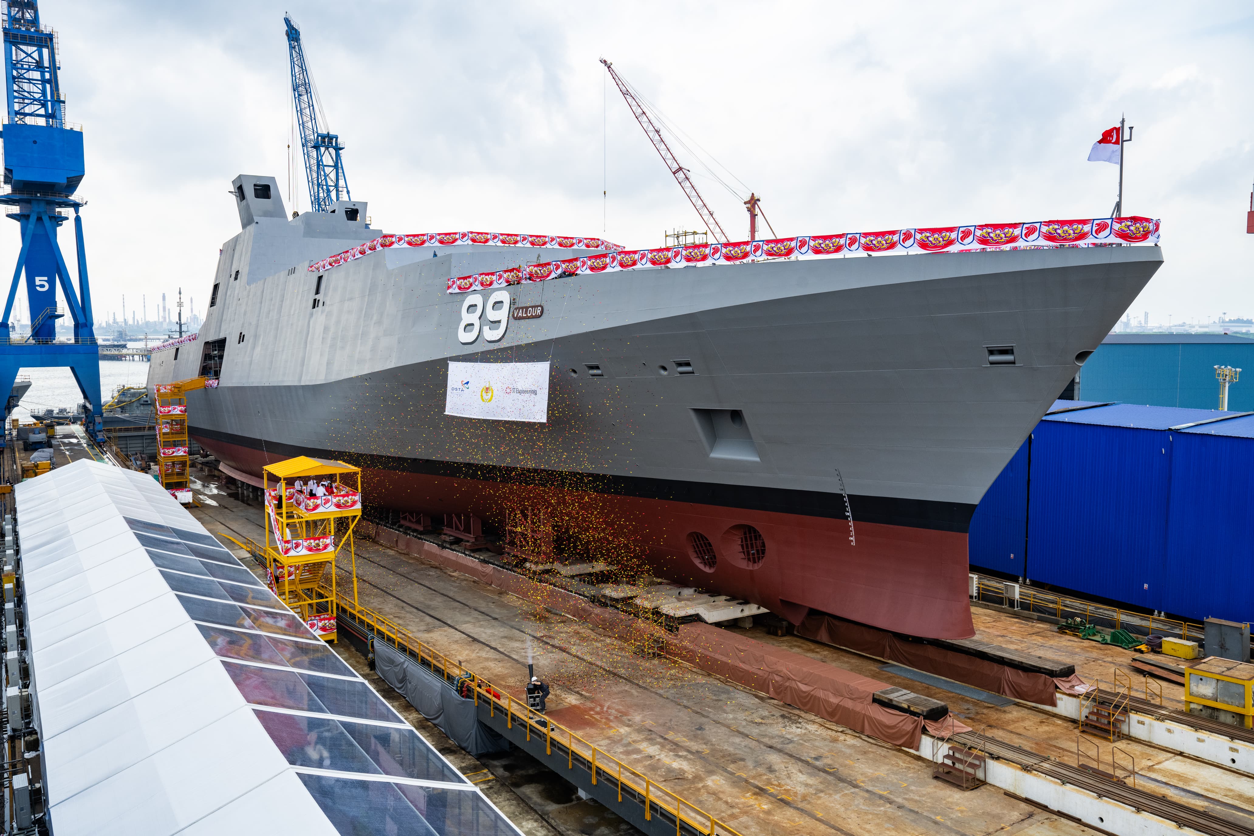 The Republic of Singapore Navy (RSN)’s second Victory-class Multi-Role Combat Vessel (MRCV), Valour, was launched at ST Engineering’s Benoi Shipyard today.